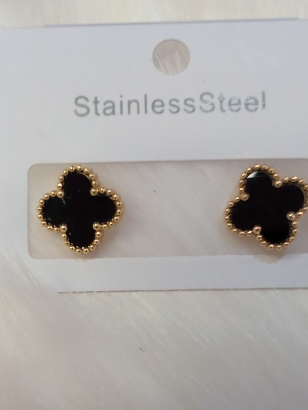 Stainless Steel Black Clover Stud Pierced Earrings - Gold Tone Trim
